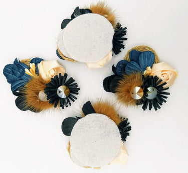 Hand Embroidered Blue and Brown Floral Applique With Feather Pom Poms and Stones, 2 Pcs